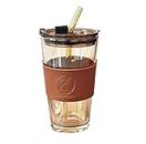 KELVEE Glass Coffee Sipper Mug with Leather Sleeve Pack of 1, Clear Drinking Glasses Tumblers with Straws and Lids for Iced Tea, Juice, Cocktail, Smoothies Cold & Hot Drink Cups 450ml (Brown)