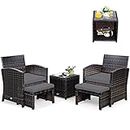 Tangkula 5 Pieces Patio Rattan Furniture Set, Outdoor Conversation Set with Cushioned Chair & Ottoman & Tempered Glass Coffee Table, All Weather Patio Sofa Sets for Garden, Backyard, Poolside (Grey)