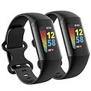 2 Pack Waterproof Bands Compatible with Fitbit Charge 5 / Fitbit Charge 6 Bands for Women Men, Classic Soft Sports Replacement Wristbands for Women Men (Large 7.1''-9.1'', black/black)