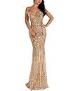 WRStore Women's Off Shoulder Sequined Evening Party Maxi Dress for Prom, Gold, X-Small
