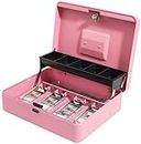 Polspag Cash Box with Key Lock, Locking Cash Boxes for Small Business, Metal Money Box with Money Tray, Lock Safe Box, 4 Bill/5 Coin Slots Portable Steel Cash Box for Vendor Events (Top Key-Pink)