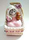 VTG Schmid Kitty Cucumber Baby Crib Porcelain Music Box - Plays Brahms Lullaby