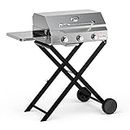 Onlyfire BBQ Gas Grill 3 Burners with Foldable Cart & Wheels for Easy Transport, Stainless Steel Portable Propane Grill with Side Shelf for Outdoor Kitchen, Patio Backyard Barbecue Camping, 4FT Hose
