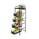 WHIFEA 5 Tier Slim Rolling Cart with Drawers Pull-Out Design Corner Storage Shelf Organizer with Wheels Metal Storage Shelving Unit for Narrow Space,Kitchen, Bedroom, Bathroom, Home Office Black