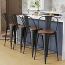 Alunaune 30" Swivel Metal Bar Stools Set of 4 High Back Counter Height Barstools Industrial Dining Bar Chairs with Large Wooden Seat-Matte Black