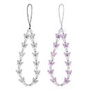 2Pcs Beaded Phone Bracelet Strap, Crystal Butterfly Pearl Beaded Phone Charm Strap Hand Wrist Lanyard for Telephone Keychain Charm for Women Girls (Purple, White)