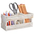 Rustic-Style Desk Pencil Holder with 3 Compartments - Wooden Organizer for Pen