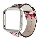AsohsEN Women Flower Watch Strap for Fitbit Blaze Bands, Soft Genuine Leather Replacement Wristband Bracelet with Metal Frame for Fitbit Blaze Smart Fitness Watch (Black pink)
