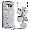 Phone Case for Samsung Galaxy S7 Edge Wallet Cover with Screen Protector and Crossbody Strap Lanyard Marble Credit Card Holder Cell Accessories Glaxay S7edge Gaxaly S 7 GS7 7s 7edge Women Girls Grey