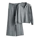 OCCOKO Conjunto De Punto De Color Sólido para Mujer Suéter De Cuello Suelto para Mujer Pantalones De Pierna Ancha Temperamento Conjunto (Grey, A)