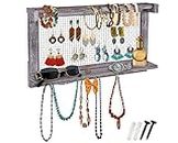 Rustic Jewelry Organizer – Wall Mounted Jewelry Holder Organizer with Removable Bracelet Rod and 16 Hooks – Perfect Earrings, Necklaces and Bracelets Holder – Vintage Jewelry Display – Rustic White
