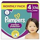 Pampers Baby Premium Protection Taped Nappies, Size 4 (9 - 14kg) 174 Count, MONTHLY SAVING PACK, Nº1 Comfort and Protection for Sensitive Skin