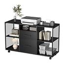 AIMEZO Wood Lateral File Cabinet, Home Office 40" Mobile Storage Cabinet,Lockable Rolling Printer Stand with 4 Open Shelves,2 Drawers for Letter/ A4 Size (Black)