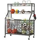GILLAS Ball Storage Rack,Garage Sports Equipment Organizer,Sports Gear Storage with Baskets and Hooks, Rolling Sports Ball Storage Cart for Football, Volleyball and Basketball,Black