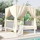 Polibi Outdoor Patio Sunbed with Beige Curtains,Outdoor Sun Lounger Bed with Pillows,Rubber Core Rope Weaving Outdoor Double Chaise Lounge Suitable for Pool,Garden,Beige