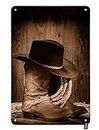 HOSNYE Rodeo Cowboy Tin Sign Black Felt Hat ATOP Old Ranching Rope in an Antique Wood Barn in Nostalgic Sepia American West Vintage Metal Tin Signs Wall Art Decor for Home Bars Clubs Cafes 8x12 Inch