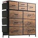 Lulive Dresser for Bedroom with 10 Drawers, Chest of Drawers with Side Pockets and Hooks, Fabric Storage Organizer Unit for Living Room, Hallway, Closet (Rustic Brown)