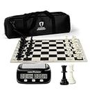 Chess Armory Deluxe Tournament Chess Set 20" Vinyl Board with Chess Clock and Travel Bag for Storage - Triple-Weighted Felted Chess Pieces with 3.75" King - 2 Extra Queens