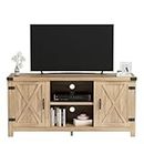 JUMMICO TV Stand for 65 Inch TV Farmhouse Entertainment Center with Double Barn Doors and Storage Cabinets, Console TV Table Media for Living Room, Bedroom (Pale Yellow, Without Fireplace)