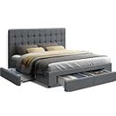 Artiss King Bed Frame Platform Tufted Headboard Frames Beds Base with 4 Storage Drawers Bedroom Room Decor Home Furniture, Upholstered with Grey Faux Linen Fabric + Foam + Wood