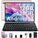 Tablet 10 inch Android 13 Tablet 2024 Latest Octa-Core 2.0 GHz with 12GB RAM 128GB ROM, 5G WiFi | 6000mAh | HD IPS | Bluetooth 5.0 | 1280 * 800 | Camera 5+8 MP | Tablet with Keyboard Mouse - Rose Gold