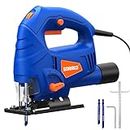 SORAKO Jigsaw, 5.0Amp Jig Saw Tool Corded Electric Power Cutter,800-3000 SPM Jig Saw, 6 Variable Speed, 0°-45° Bevel Cutting, 4 Orbital Sets, for Woodworking with 2PCS Blades & Scale Ruler