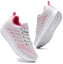 DADAWEN Women's Slip On Breathable Mesh Walking Tennis Shoes Lightweight Comfort Wedge Platform Casual Sneakers for Gym Travel Work Gray/Hot Pink US Size 8.5