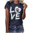 Tops for Women 2022, Fashion Love Print Cozy Tops Shirts Casual Loose Short Sleeve Round Neck Tunic Blouse Tees UK Size Navy
