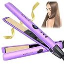 Flat Iron Hair Straightener, Portable Hair Straightener and Curler 2in1, Instant Heating, Adjustable Temp for All Type Hair, Professional Straightener Iron, Pouch&Glove Included, Purple