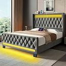 Rolanstar King Bed Frame with LED Light and Charging Station, Upholstered High Headboard and Footboard, Wood Slats, Noise Free, Easy Assembly, Grey