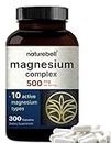 NatureBell Magnesium Complex Supplement 500mg, 300 Capsules | 10 Active Forms – Glycinate, Citrate, Taurate, Plus More | 100% Chelated & Purified | Bone, Heart, & Muscle Support | Non-GMO