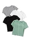 MakeMeChic Women's 4 Pack Short Sleeve Lettuce Trim Ribbed Knit Tees Crop Tops Multicolor S