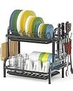 ARVINKEY Dish Drying Rack, 2 ripiani con vassoio antigoccia e 4 ganci, in acciaio inox, con porta utensili e porta tagliere, grande lavello