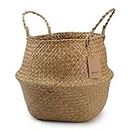 DOKOT Seagrass Basket Belly Plant Pot Woven Basket With Handle, Foldable Laundry Basket Toys Storage (Natural)