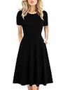 HELYO Prime Wardrobe Womens Clothing Plus Size Dress Cotton Vintage Casual Round Neck Work Party A-Line Dresses with Pockets for Elegant Lady 162 (XXL, Black Solid)
