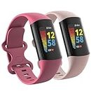 2 Pack Waterproof Bands Compatible with Fitbit Charge 5 Bands for Women Men, Classic Soft Sports Replacement Wristbands for Women Men (Small 5.5''-7.8'', red/pink)