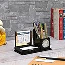 Gift Kya De Desk Organizer With Clock & Calendar office Table Accessories 2024 Calendar For office Desk Wooden Pen Stand With Clock/Corporate Gift/Eco-Friendly- Black
