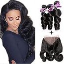 Loose Wave Bundles With 360 Lace Frontal 2 Bundles With 360 Lace Frontal Closure Brazilian Virgin Human Hair extensions Wet and Wave Natural Color (10 12+8" 360 lace frontal, Natural Color)