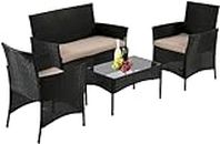 Patio Furniture Set,4 Pieces Outdoor Couch Patio Dining Conversation Set,Rattan Chairs Wicker Sofa with Tempered Glass Table for Porch,Backyard,Lawn,Pool(Black)