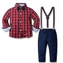 Yilaku Long Sleeve Shirt Gentleman Suspender Pants Clothing Set Overalls Romper Jumpsuit Clothes Toddler Outfit(Red 3-4T)