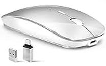 Wireless Mouse for Laptop, Bluetooth Mouse for MacBook Pro/Air/Mac/iPad/Chromebook/Computer -Rechargeale Dual Mode(USB 2.4Ghz + Bluetooth 5.2) Silent Cordless Mouse with USB C Adapter,Silver