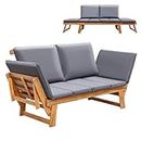 Greesum Patio Convertible Couch Sofa Bed with Adjustable Armrest, Acacia Wood Outdoor Daybed with Cushion & Pillow, Folding Chaise Lounge Bench for Porch Courtyard Poolside，Gray