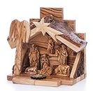 Hand Carved Nativity Set Scene With Bark Roof Made In Bethlehem (OW-NAT-022) by Zuluf