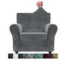 XINEAGE 1 Piece Velvet Chair Slipcovers for Living Room High Stretch Chair Covers with Arms Anti Slip Pets Friendly Couch Sofa Armchair Cover Furniture Protector (1 Seater, Grey)