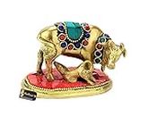 Two Moustaches Gemstone Work Brass Holy Kamdhenu Cow and Calf Sculpture, Standard, Pack of 1