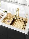 B Backline Kitchen Sink SS 304 Grade Modular Sink With Pull-Down Faucet and Rainfall Mode,RO Mineral Water Tap, Glass Washer, Fruit Basket, Chopping Board, Kitchen Sink 30" X 18'" X 9" Inches (Gold)