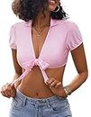 Avidlove Women's Sexy Tie Up Crop Top Short Sleeve Deep V Neck Casual Basic T Shirt Pink