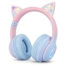 Sendowtek Kids Wireless Headphones Over Ear Cat Earphone with Flashing Lights Foldable Headphone Built-in Mic Cute Bluetooth Children Headphones for Kids Girls Boys Adults Travel Plane