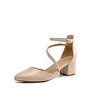 DREAM PAIRS Women's Closed Pointed Toe Low Chunky Heels Pumps Ankle Strap Wedding Business Dressy Shoes SDPU2354W Size 8.5, Nude-Pu