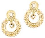 Touchstone Indian Bollywood Chandbali Moon Kundan polki faux pearls and blue sapphire Rhinestone long bridal designer jewelry chandelier earrings for women in gold tone
